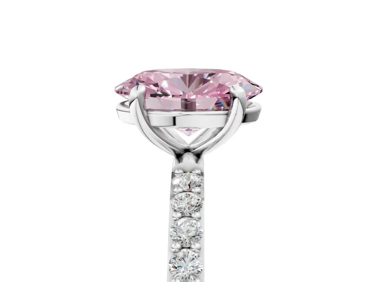 Fancy Pink Oval Cut Diamond Solitaire Ring with Round Pavé Band and Prong Setting Silver