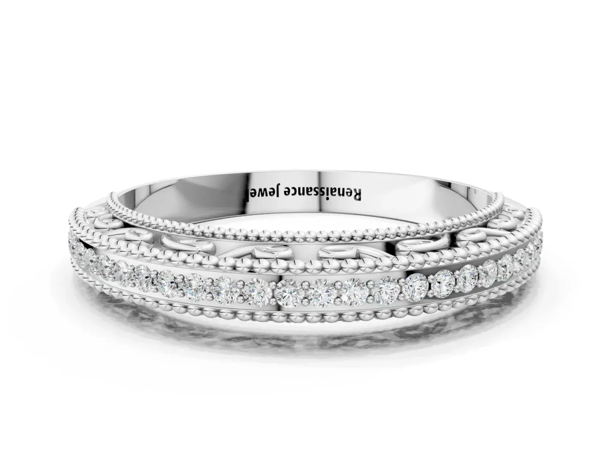 Round Diamond Pavé Milgrain White Gold Eternity Band Platinum