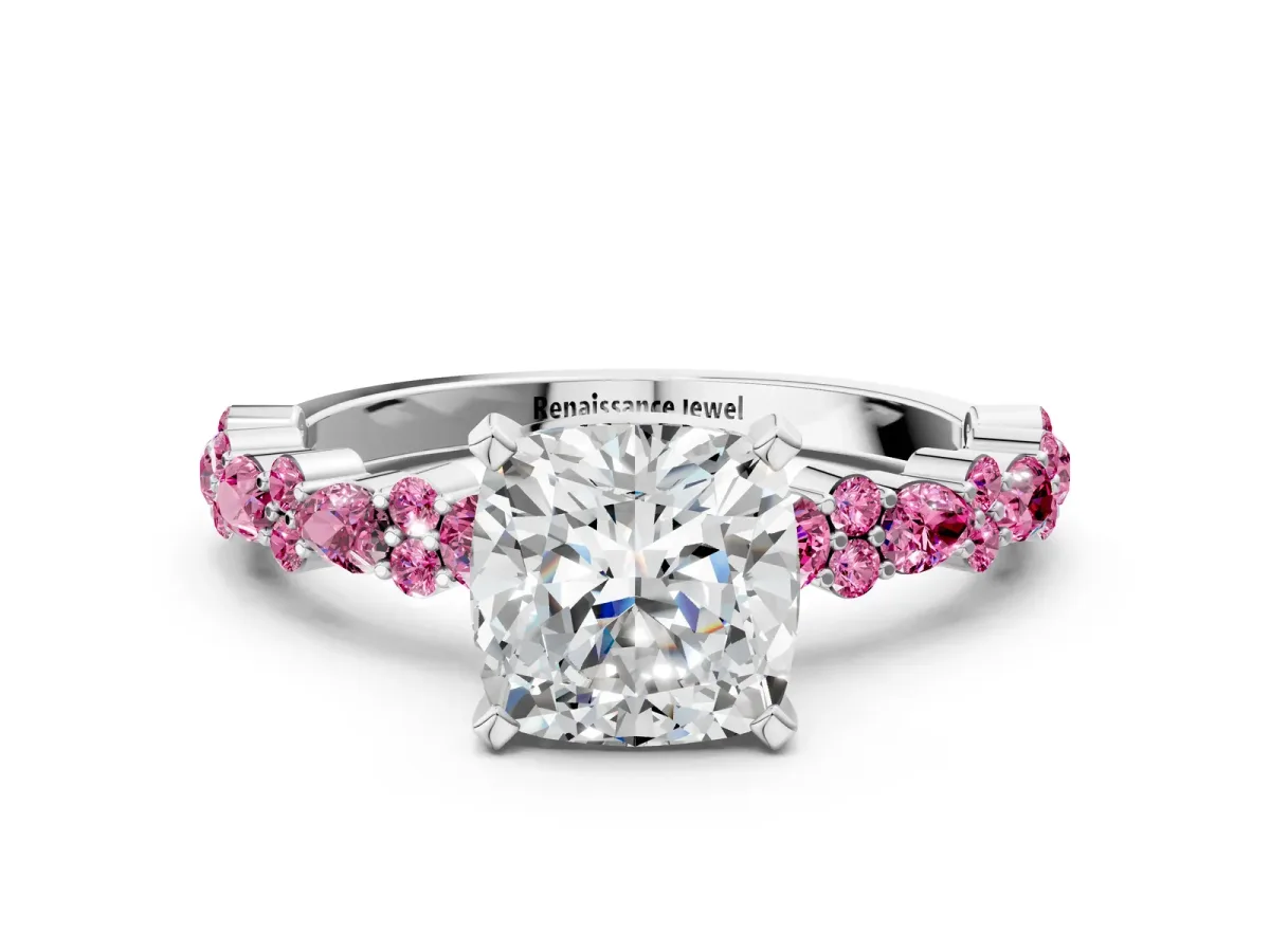 Cushion Cut Diamond Side Stone Solitaire Ring with Round Pink Sapphire and Four-Prong Setting Silver