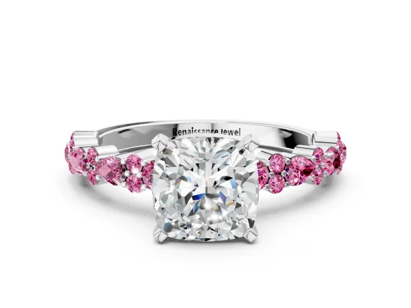 Cushion Cut Diamond Side Stone Solitaire Ring with Round Pink Sapphire and Four-Prong Setting Platinum