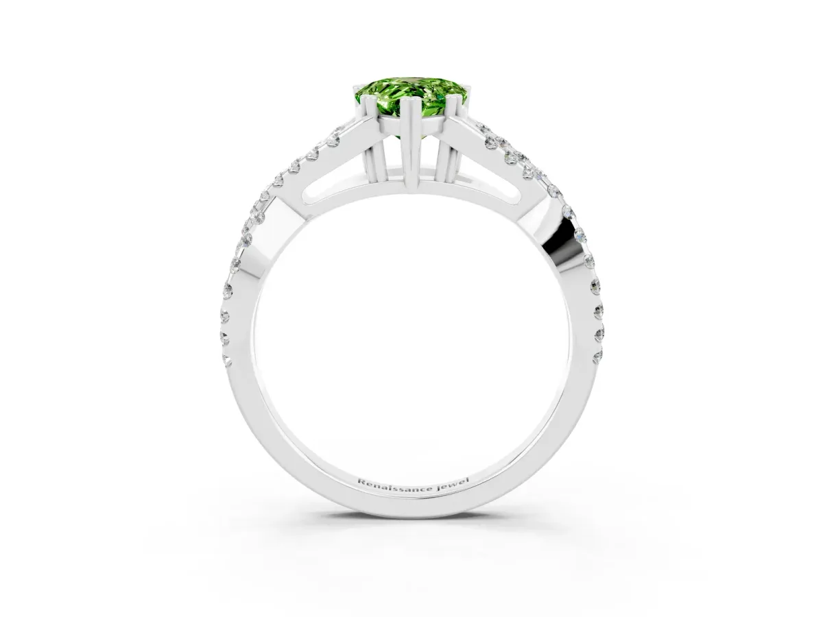 Pear Cut Peridot Solitaire Ring with Four-Prong Setting and Twisted Pavé Band Platinum