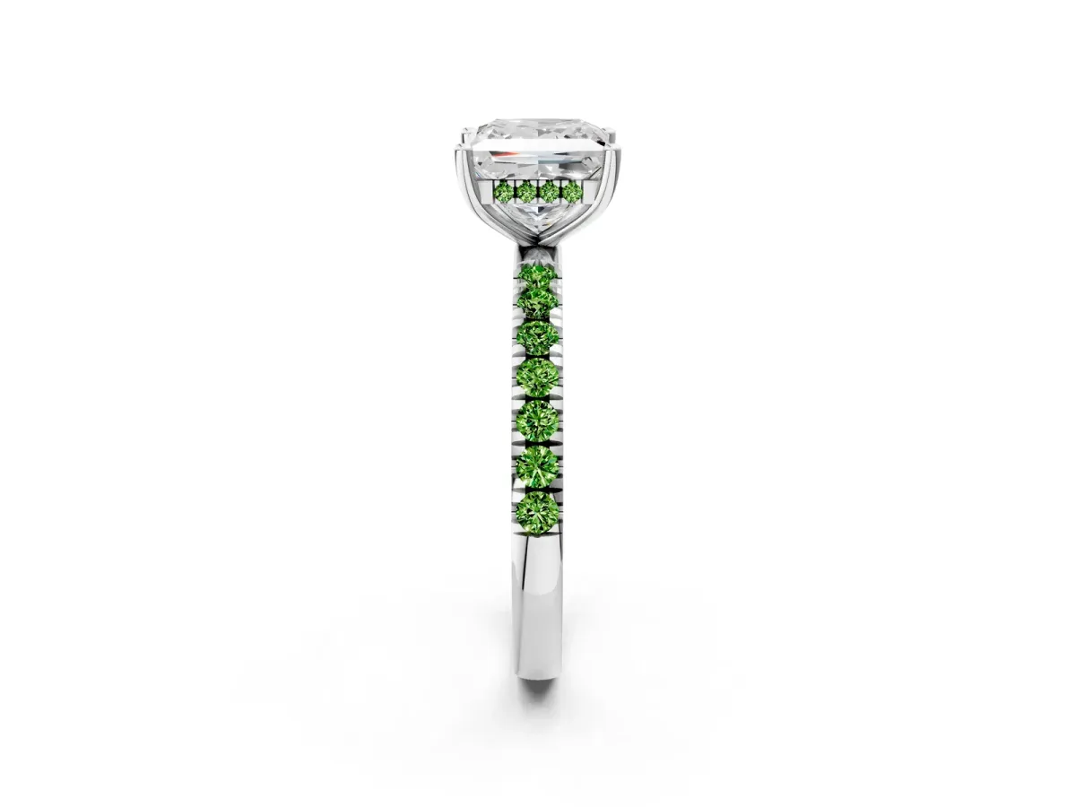 Princess Cut Diamond Pave Band Solitaire Ring with Round Peridot and Prong Setting Silver