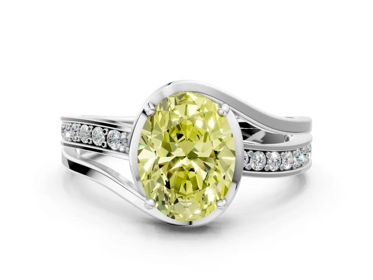 Fancy Yellow Oval Cut Diamond Solitaire Ring with Split Shank and Prong Setting White gold