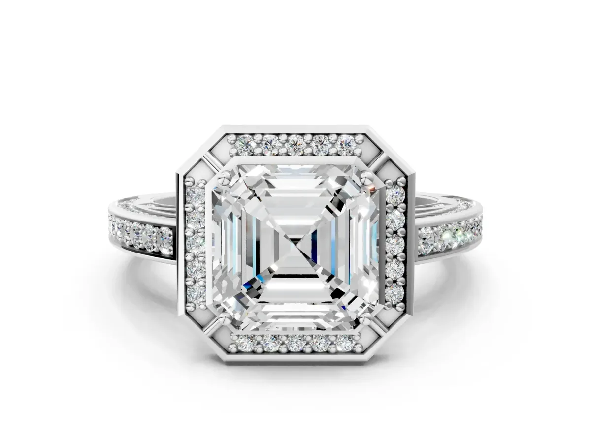 Asscher Cut Cut Halo Pave Split Shank Prong Setting Ring Platinum