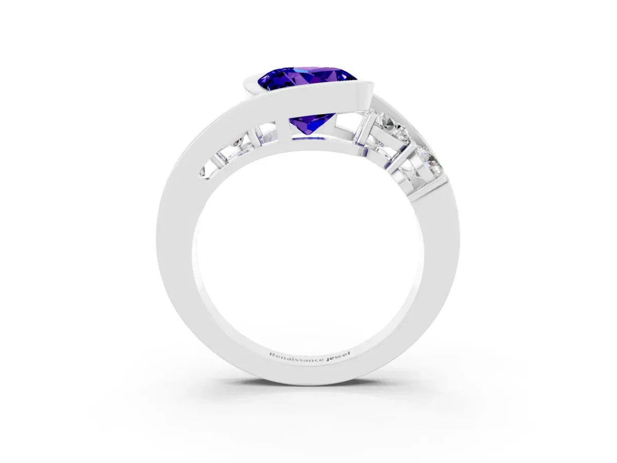 Bezel Set Round Cut Tanzanite Bypass Ring with Round Accents Silver