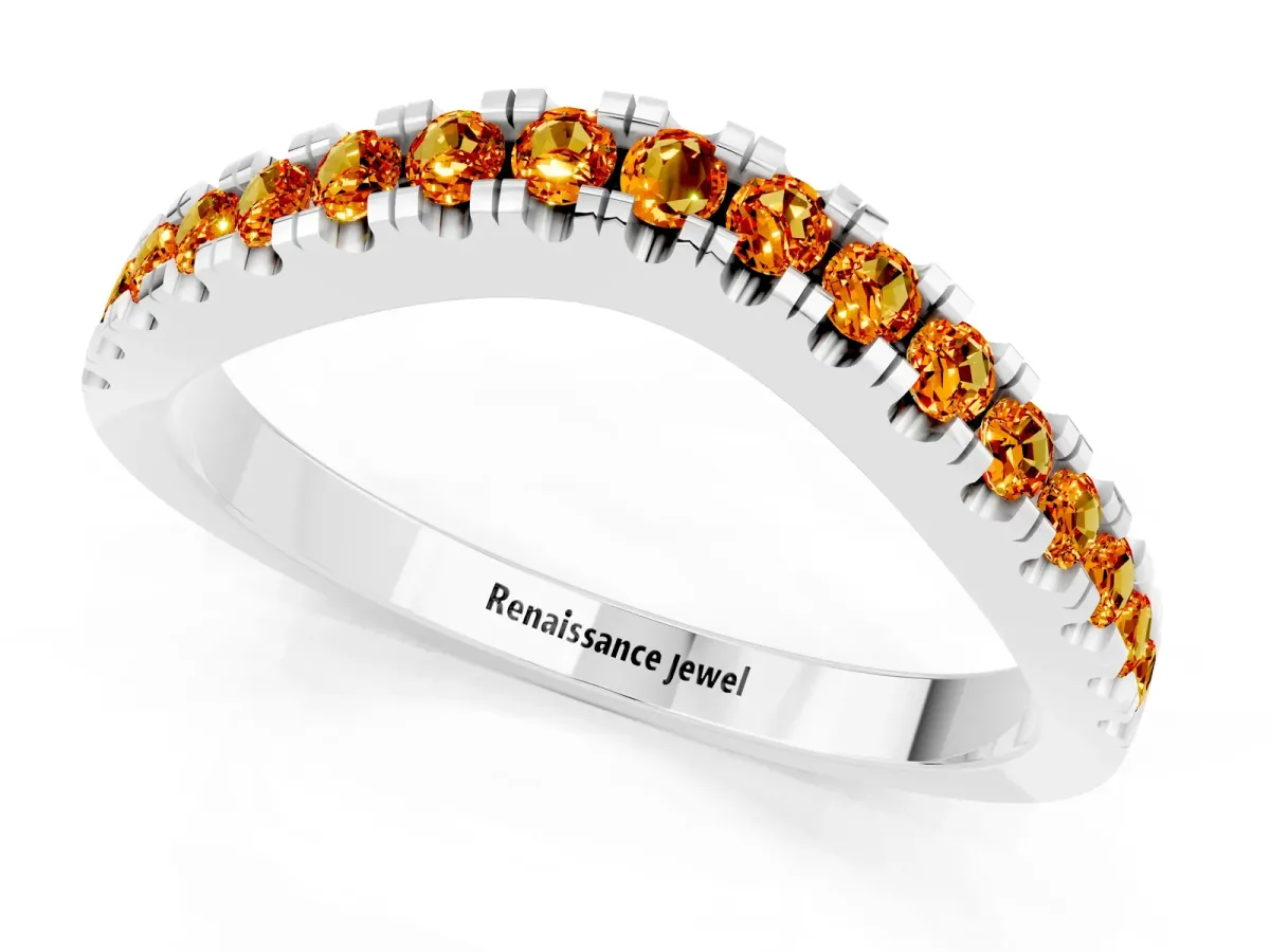Round Citrine Pavé Curved Band with Shared Prong Setting Silver