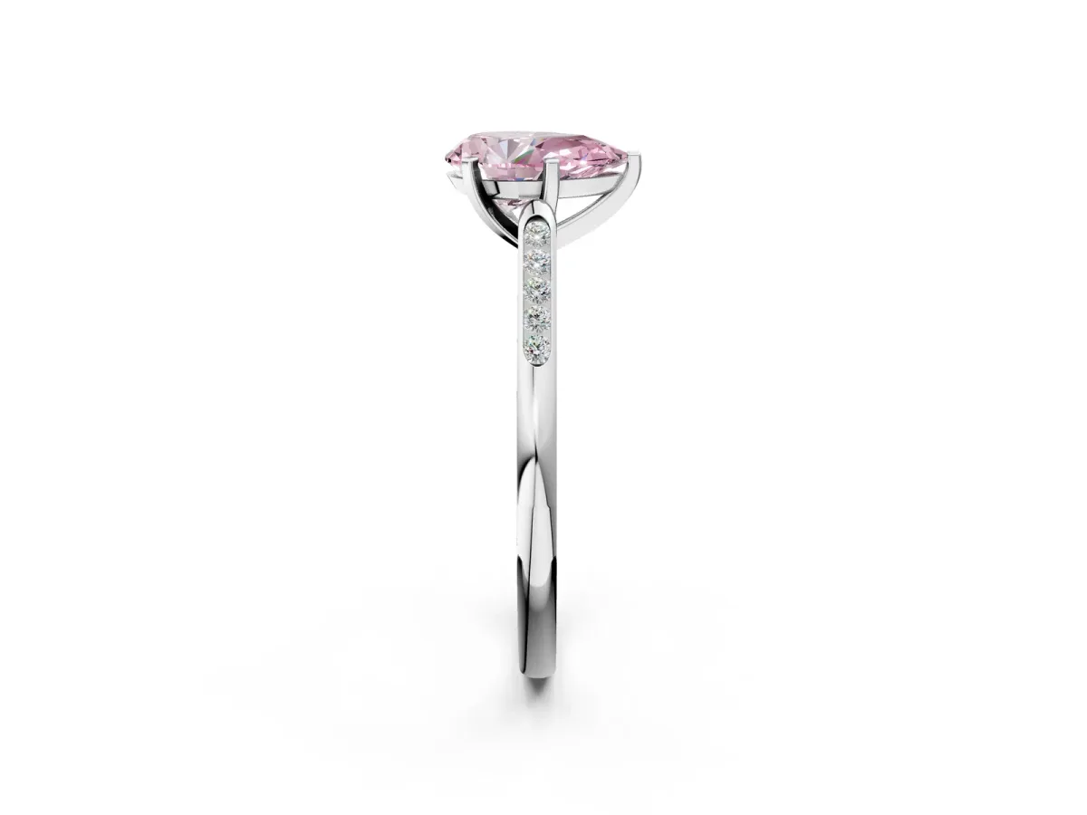 Fancy Pink Pear Cut Diamond Solitaire Ring with Channel Set Round Band and Prong Setting Silver