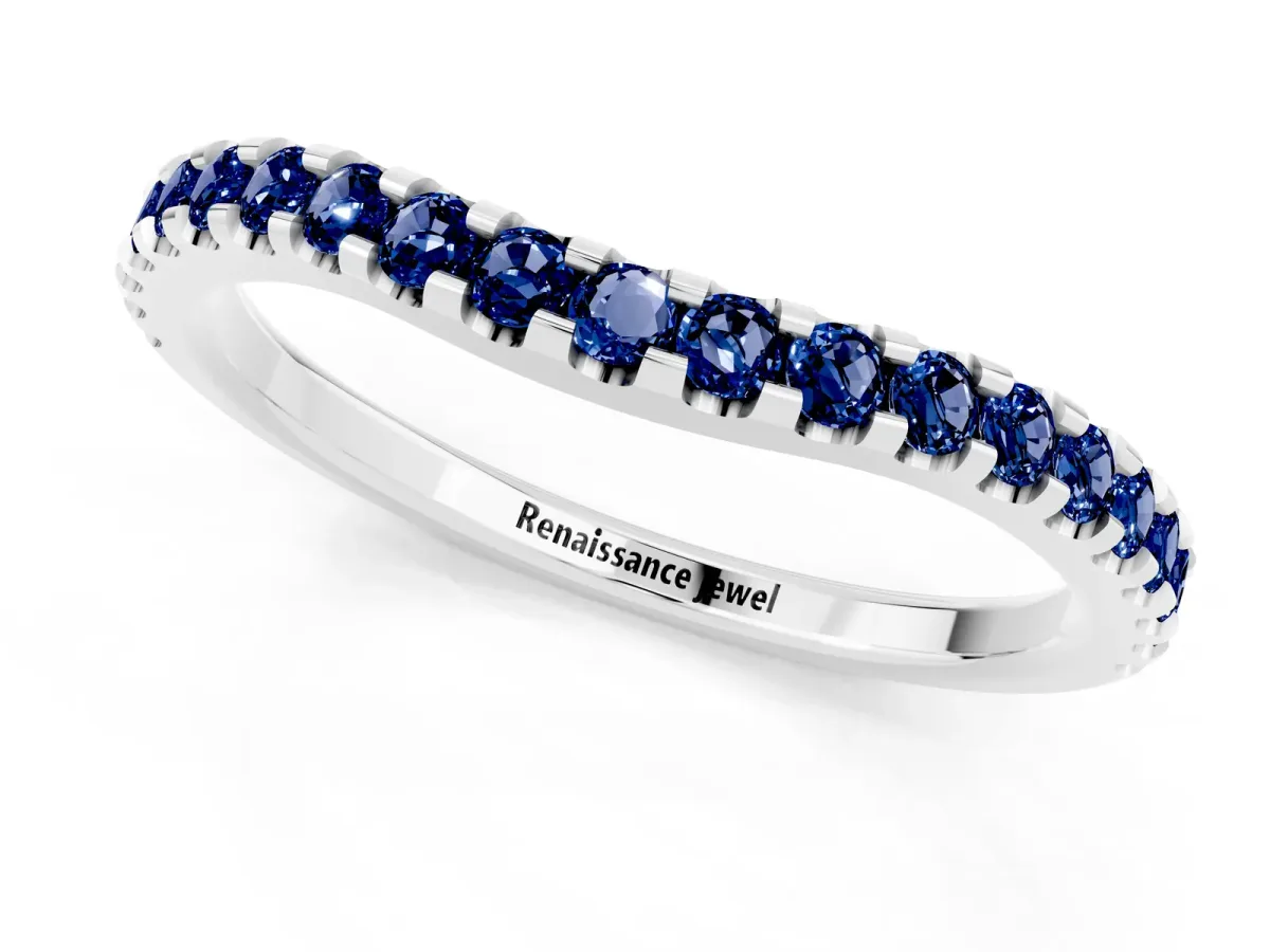 Round Blue Sapphire Pavé Curved Wedding Band Platinum