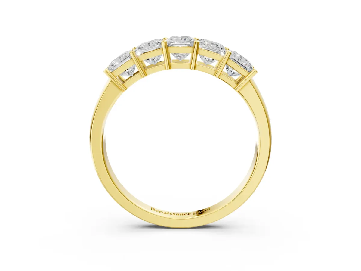 Princess Cut Five-Stone Diamond Band with Prong Setting Yellow gold