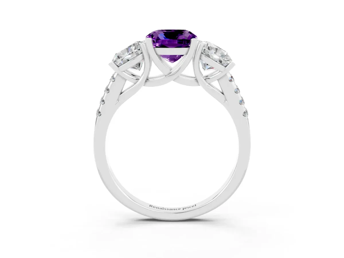 Three-Stone Cushion Cut Amethyst Ring with Round Pavé Band and Prong Setting Silver