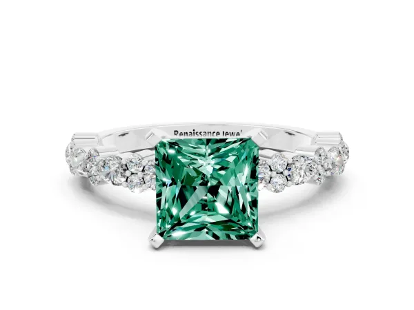 Princess Cut Green Sapphire Side Stone Solitaire Ring with Round and Four-Prong Setting Platinum