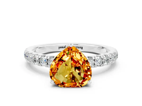 Heart Cut Citrine Pave Band Solitaire Ring with Round and Prong Setting Platinum
