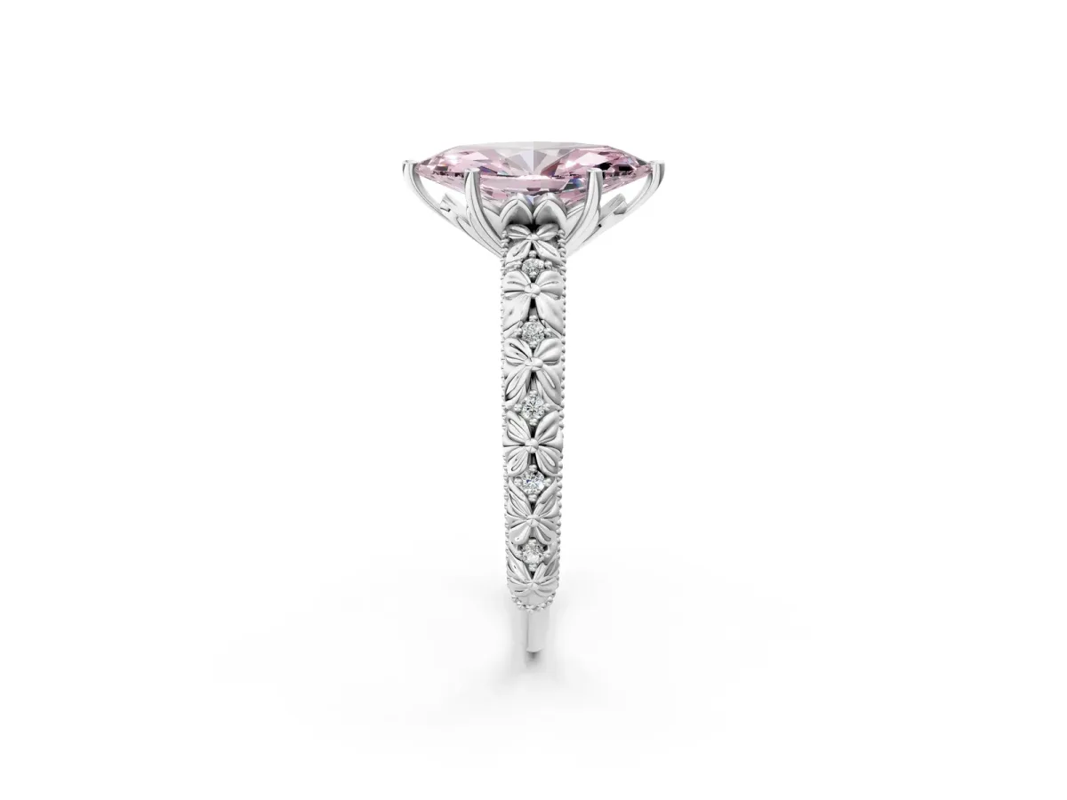 Fancy Pink Marquise Cut Solitaire Floral Milgrain Engagement Ring Silver