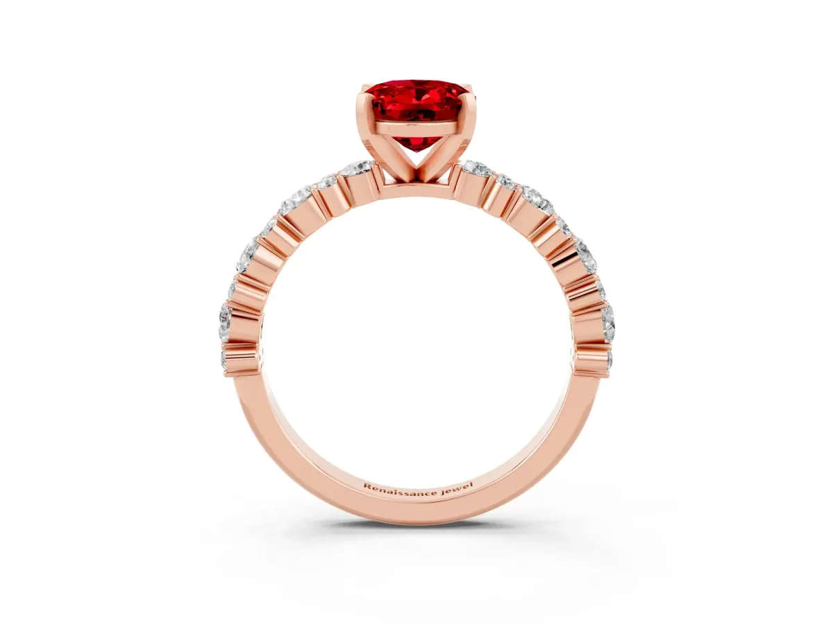 Oval Cut Ruby Side Stone Solitaire Ring with Round and Four-Prong Setting Rose gold