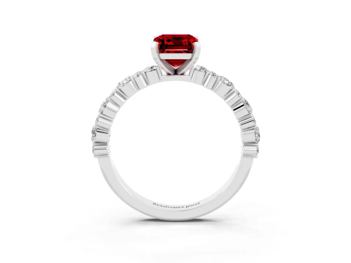 Emerald Cut Ruby Side Stone Solitaire Ring with Round and Four-Prong Setting Silver