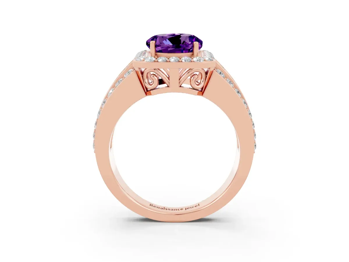 Round Cut Halo Amethyst Ring with Round Split Shank and Prong Setting Rose gold