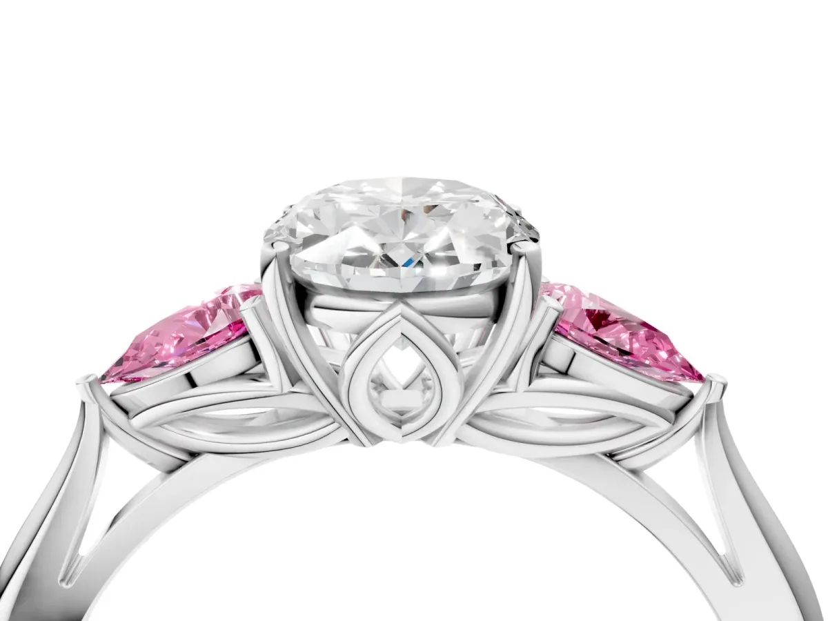Oval Cut Diamond Three-Stone Ring with Pear Pink Sapphire Side Stones and Prong Setting Silver