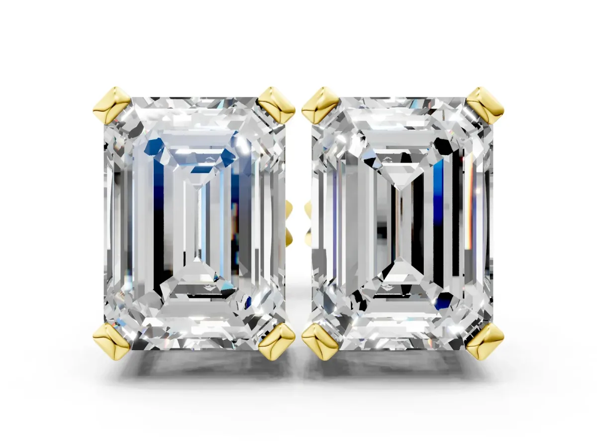 Emerald Cut Diamond Stud Earrings Yellow gold