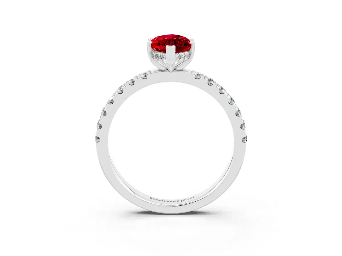 Marquise Cut Ruby Pave Band Solitaire Ring with Round and Prong Setting Silver