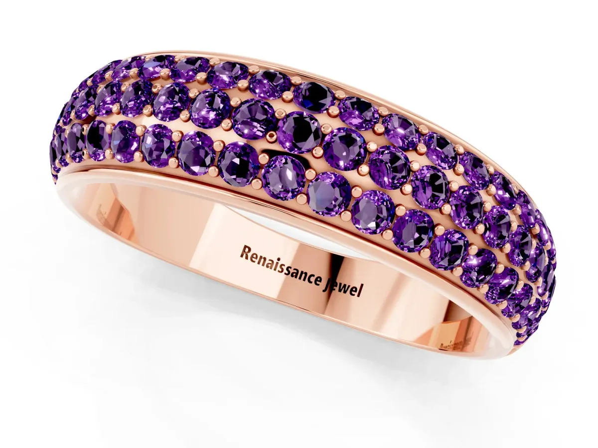 Three-Row Round Amethyst Eternity Band with Shared Prong Setting Rose gold