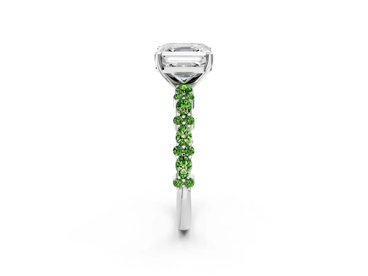 Asscher Cut Diamond Side Stone Solitaire Ring with Round Peridot and Four-Prong Setting Platinum