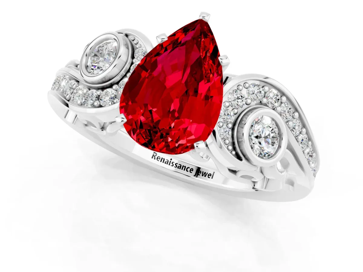 Pear Cut Ruby Solitaire Ring with Milgrain Pavé Band and Four-Prong Setting Platinum