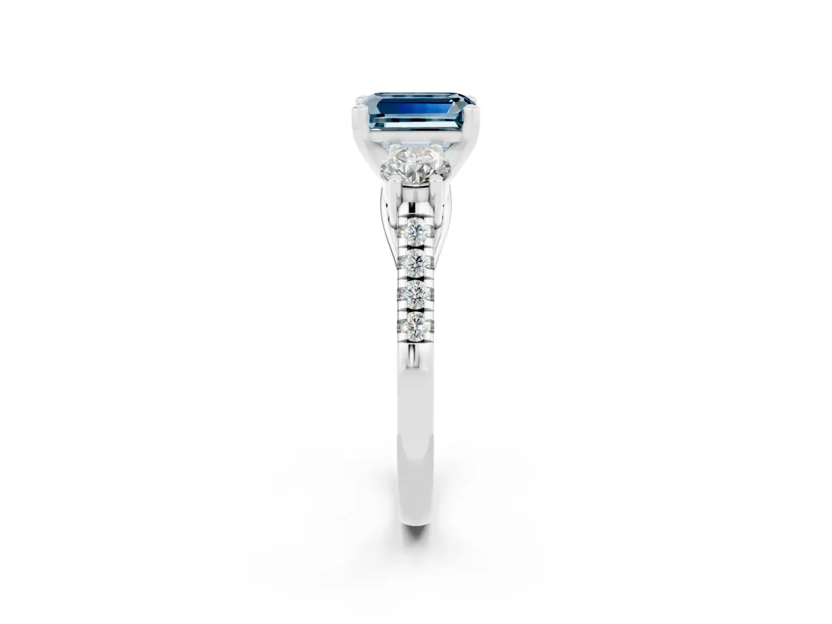 Three-Stone Emerald Cut Aquamarine Pavé Band with Four-Prong Setting Silver