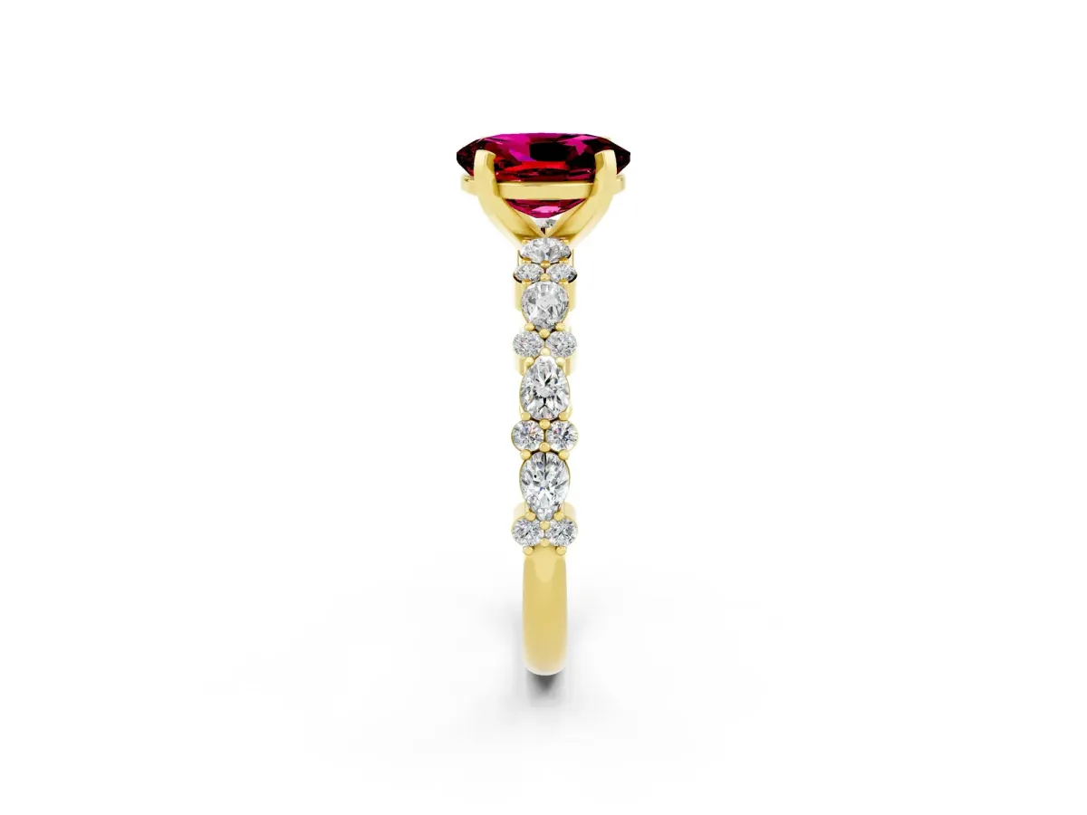 Oval Cut Garnet Side Stone Solitaire Ring with Round and Four-Prong Setting Yellow gold