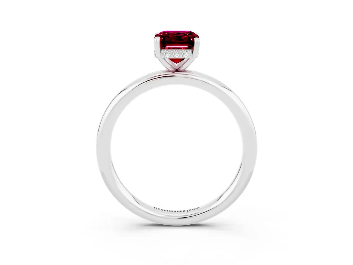 Emerald Cut Garnet Solitaire Ring with Thin Band and Four-Prong Setting White gold