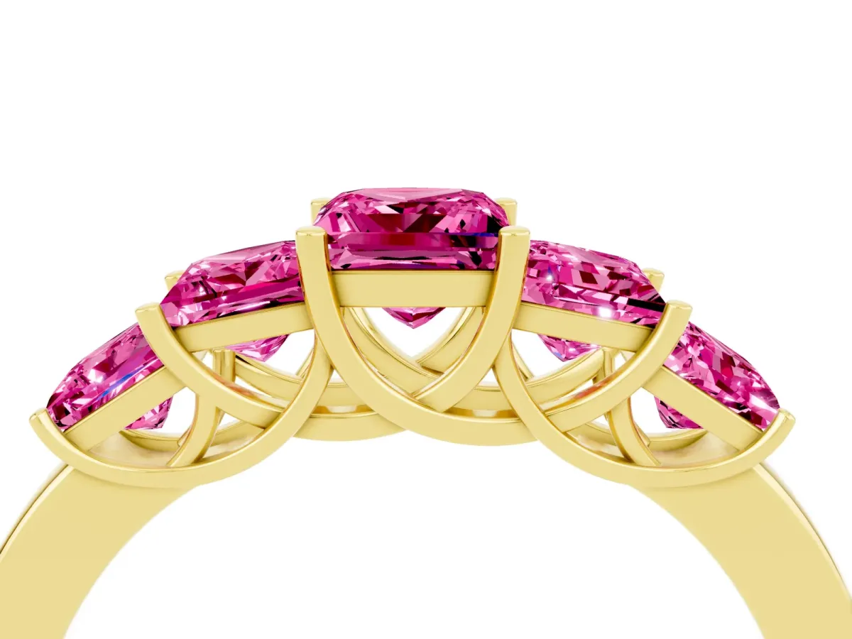 Princess Cut Five-Stone Pink Sapphire Ring with Classic Prong Setting Yellow gold