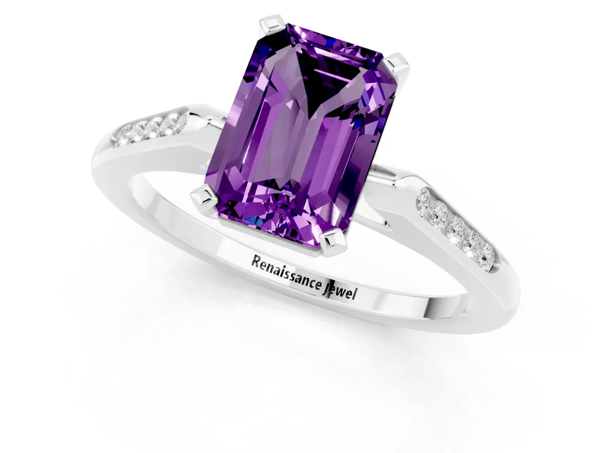 Emerald Cut Amethyst Solitaire Ring with Channel Set Round Band and Prong Setting Silver
