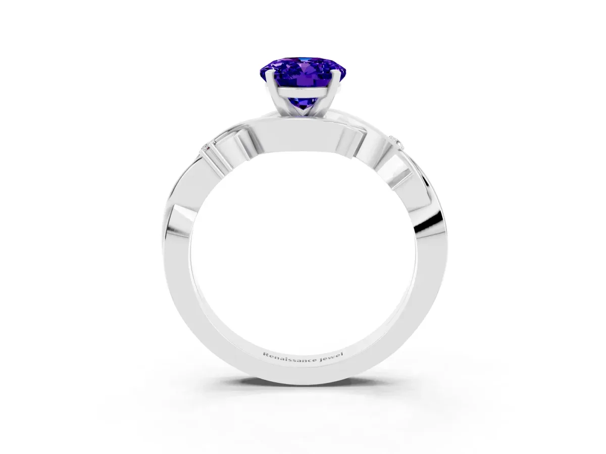 Oval Cut Tanzanite Solitaire Ring with Twisted Band and Prong Setting White gold