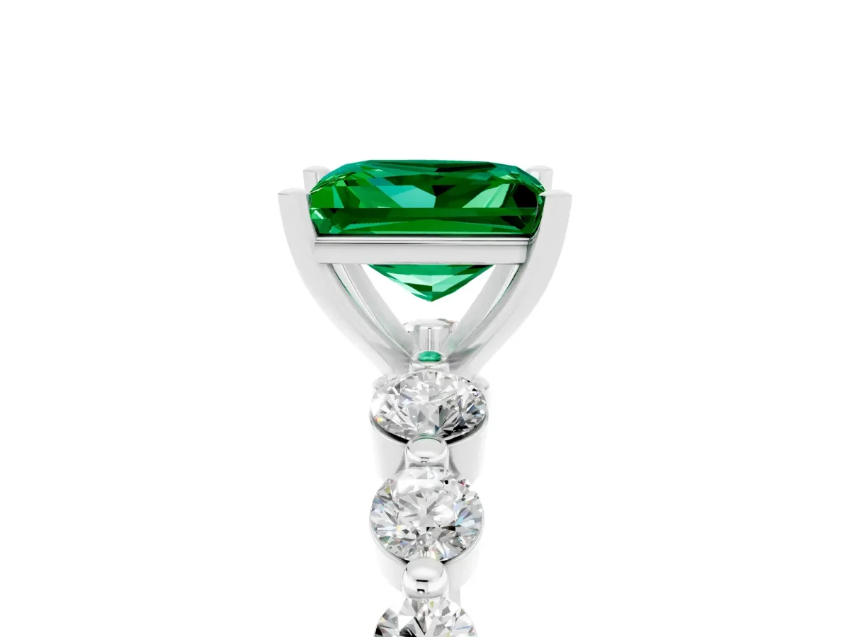 Princess Cut Solitaire Emerald Ring with Pave Band and Four-Prong Setting Silver