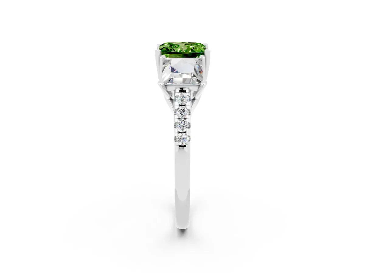 Three-Stone Princess Cut Peridot Ring with Round Pavé Band and Prong Setting Platinum