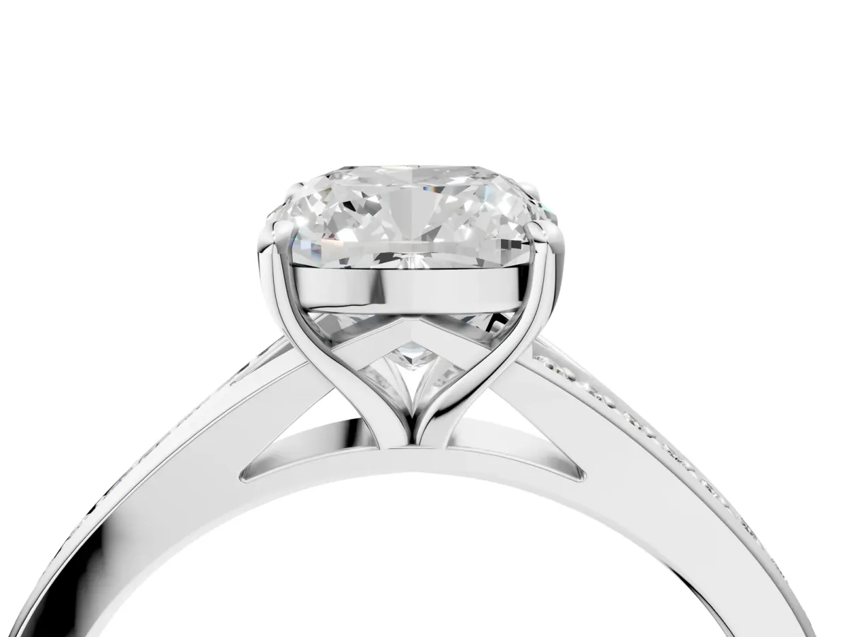 Cushion Cut Diamond Solitaire Ring with Pavé Band and Prong Setting Silver