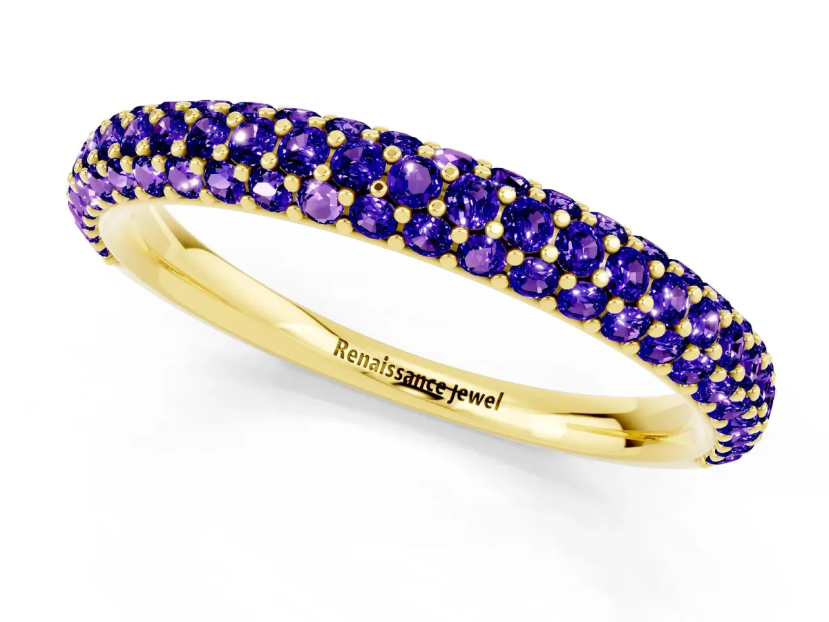 Round Tanzanite Pavé Eternity Band with Shared Prong Setting Yellow gold