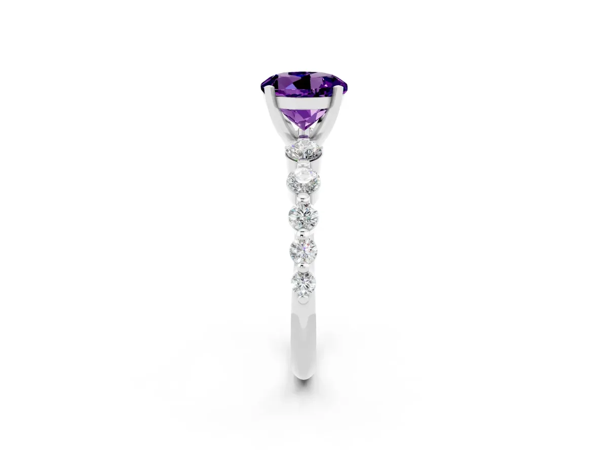 Round Cut Solitaire Amethyst Ring with Pave Band and Four-Prong Setting Silver