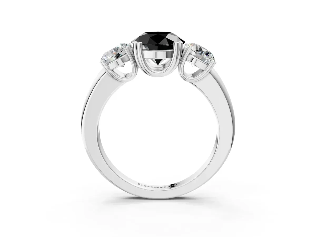 Fancy Black Three-Stone Round Cut Cut Diamond Ring with Channel Set Band and Four-Prong Setting Silver
