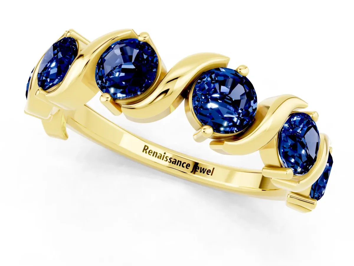 Six-Stone Round Blue Sapphire Wave Band with Shared Prong Setting Yellow gold