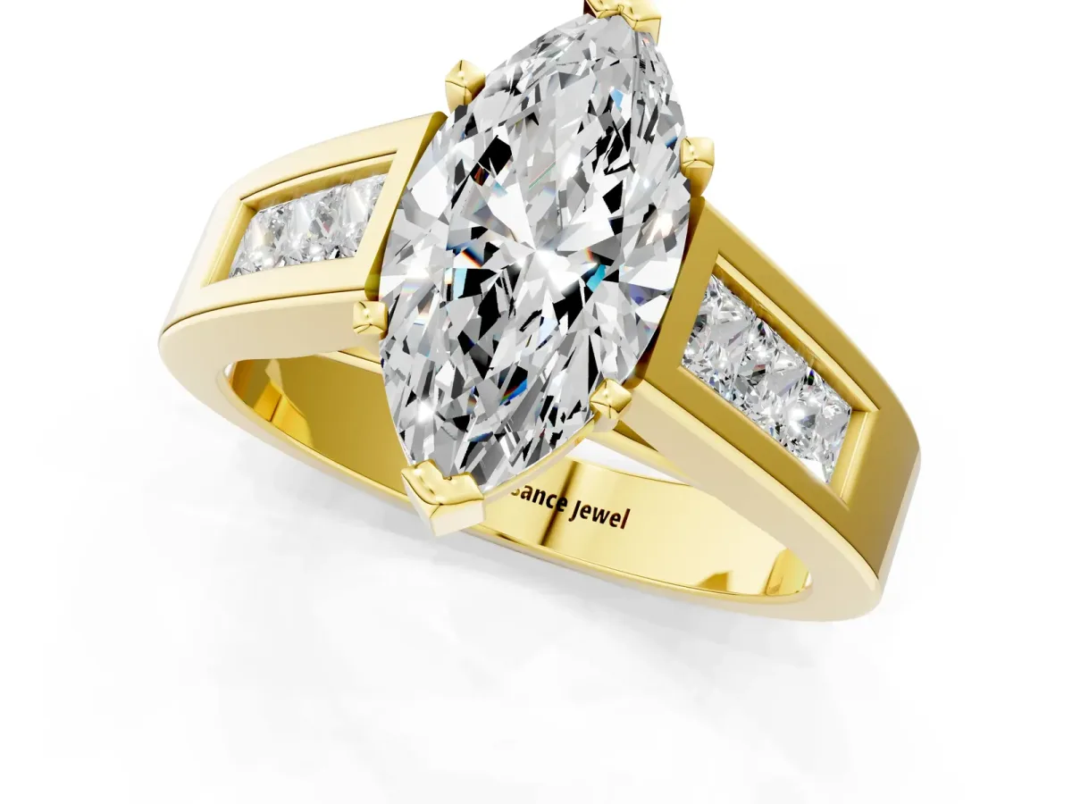 Marquise Cut Cut Channel Set Solitaire Ring with Four-Prong Setting Yellow gold