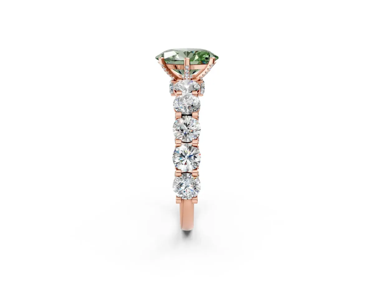 Fancy Green Oval Cut Diamond Side Stone Engagement Ring with Four-Prong Setting Rose gold