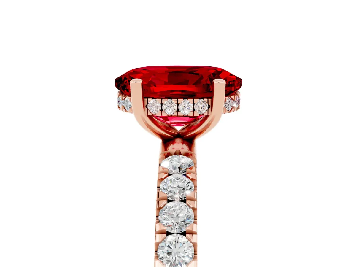 Oval Cut Ruby Pave Band Solitaire Ring with Round and Prong Setting Rose gold