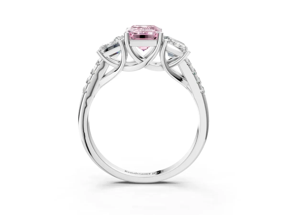 Fancy Pink Three-Stone Emerald Cut Diamond Ring with Round Pavé Band and Prong Setting Silver