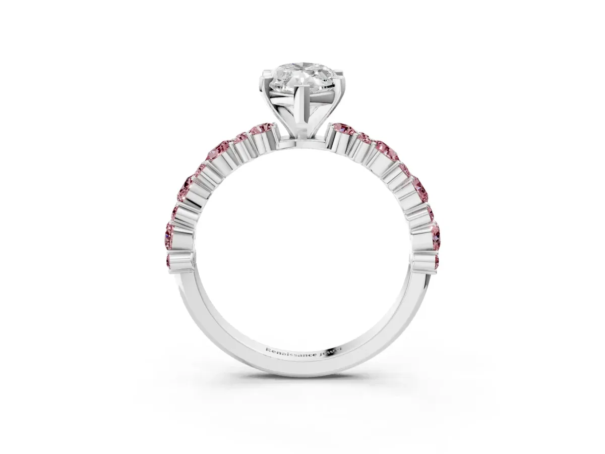 Marquise Cut Diamond Side Stone Solitaire Ring with Round Morganite and Four-Prong Setting Silver