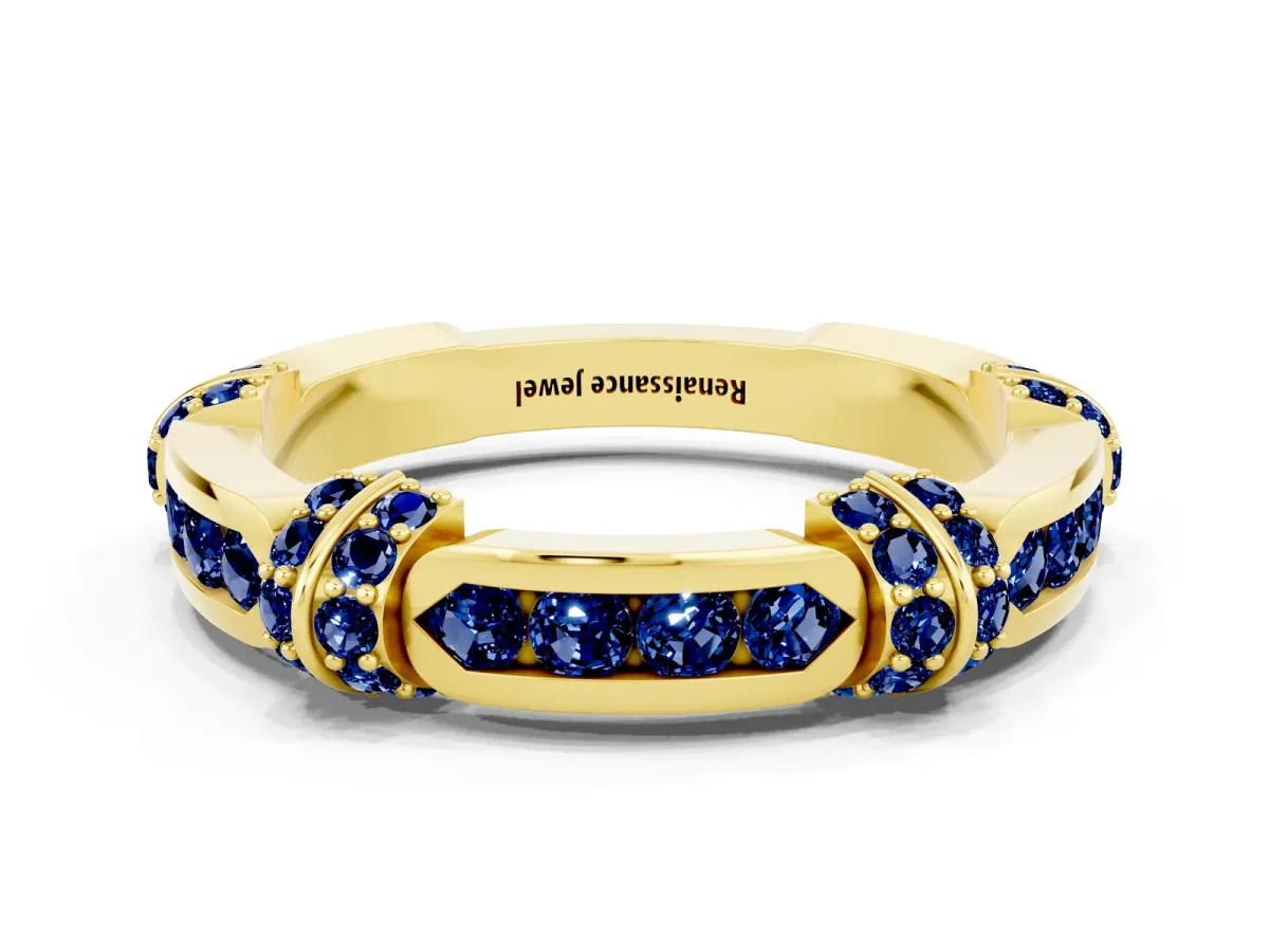Pavé Round Blue Sapphire Link Band with Bezel Setting Yellow gold