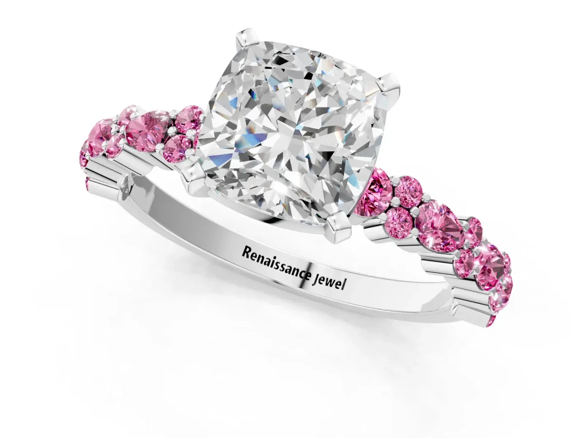 Cushion Cut Diamond Side Stone Solitaire Ring with Round Pink Sapphire and Four-Prong Setting Silver