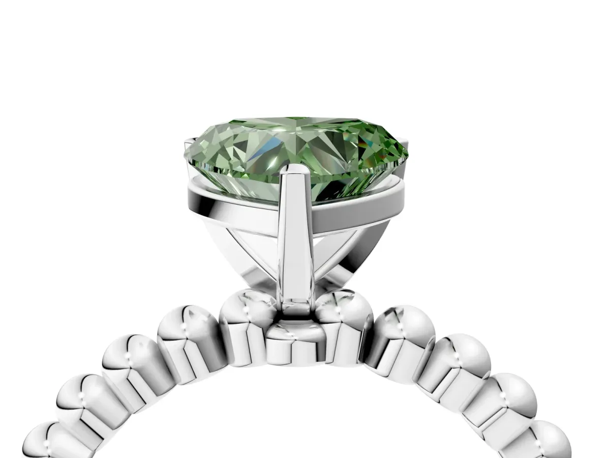 Fancy Green Heart Cut Diamond Solitaire Ring with Beaded Band and Prong Setting Silver
