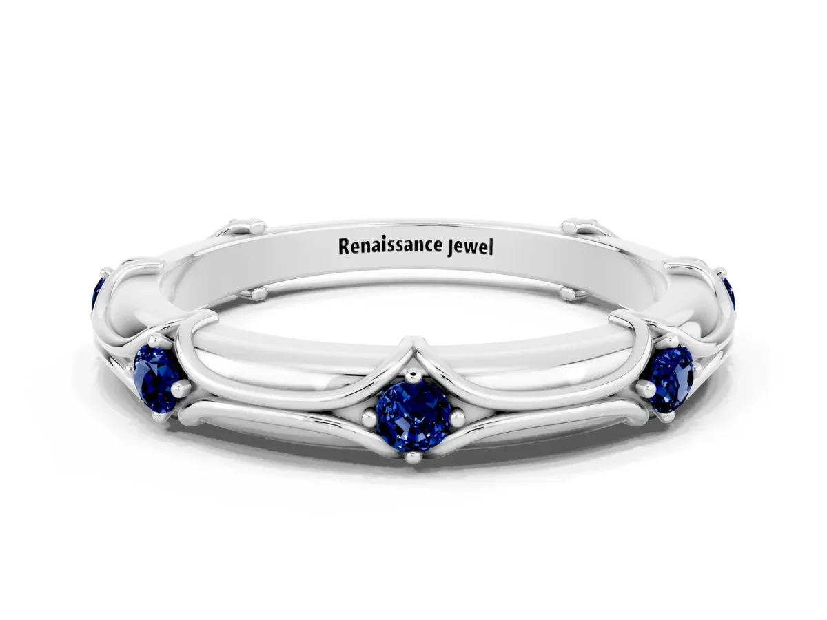 Round Blue Sapphire Prong Set Milgrain Eternity Band Silver