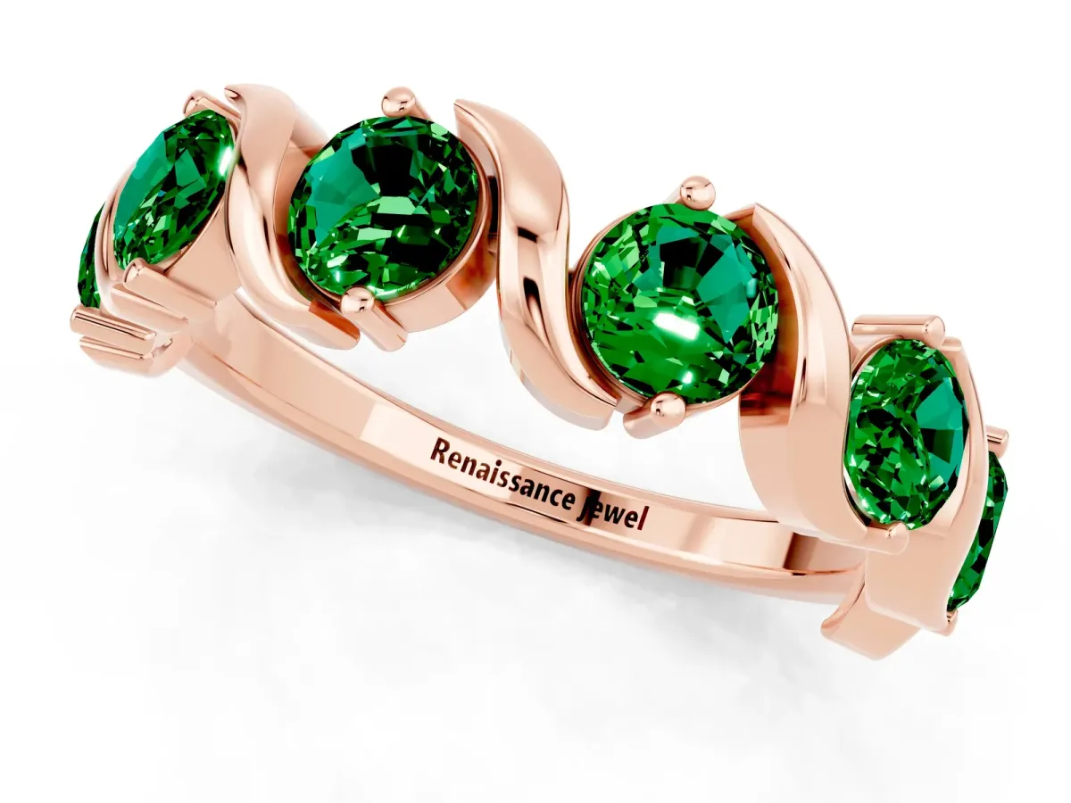 Round Emerald Half Eternity Band with Wave Prong Setting Rose gold
