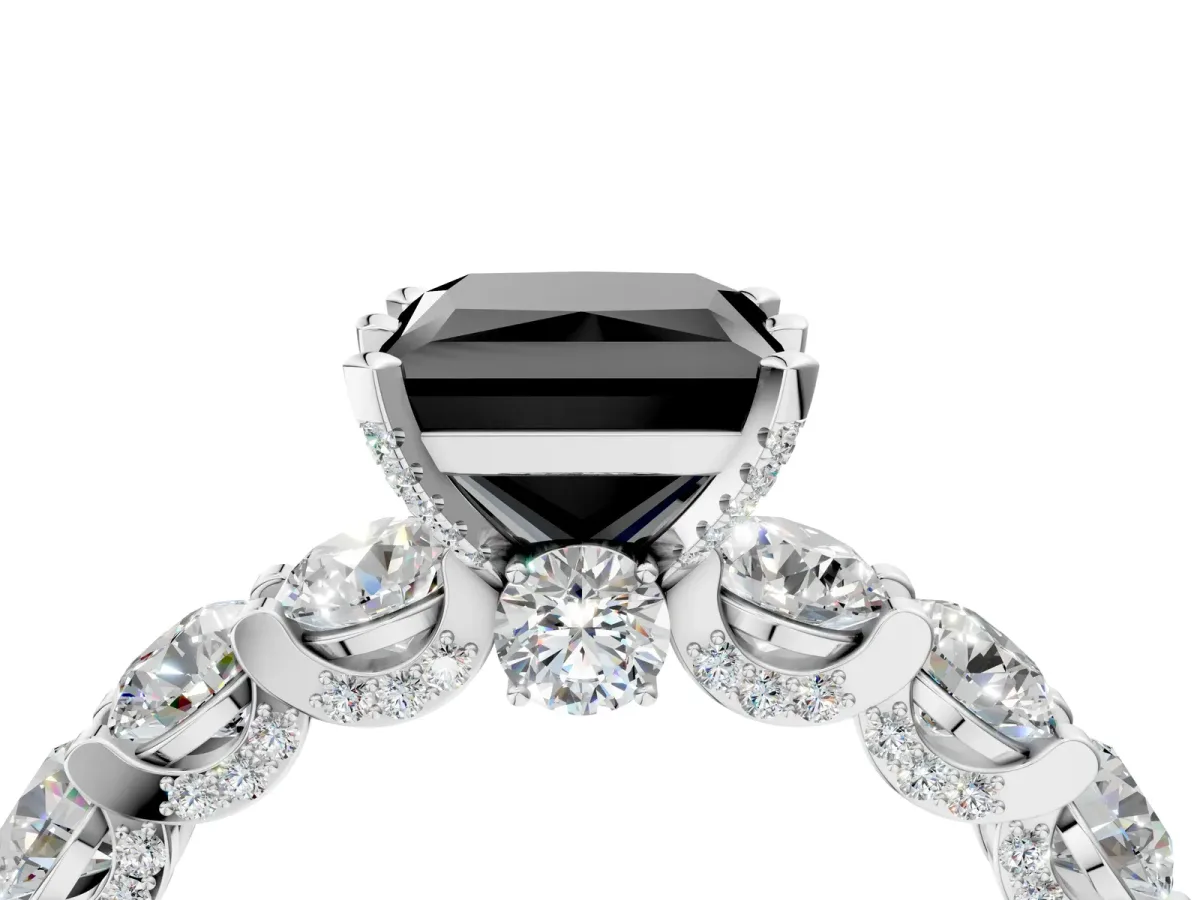Fancy Black Princess Cut Diamond Side Stone Engagement Ring with Four-Prong Setting White gold